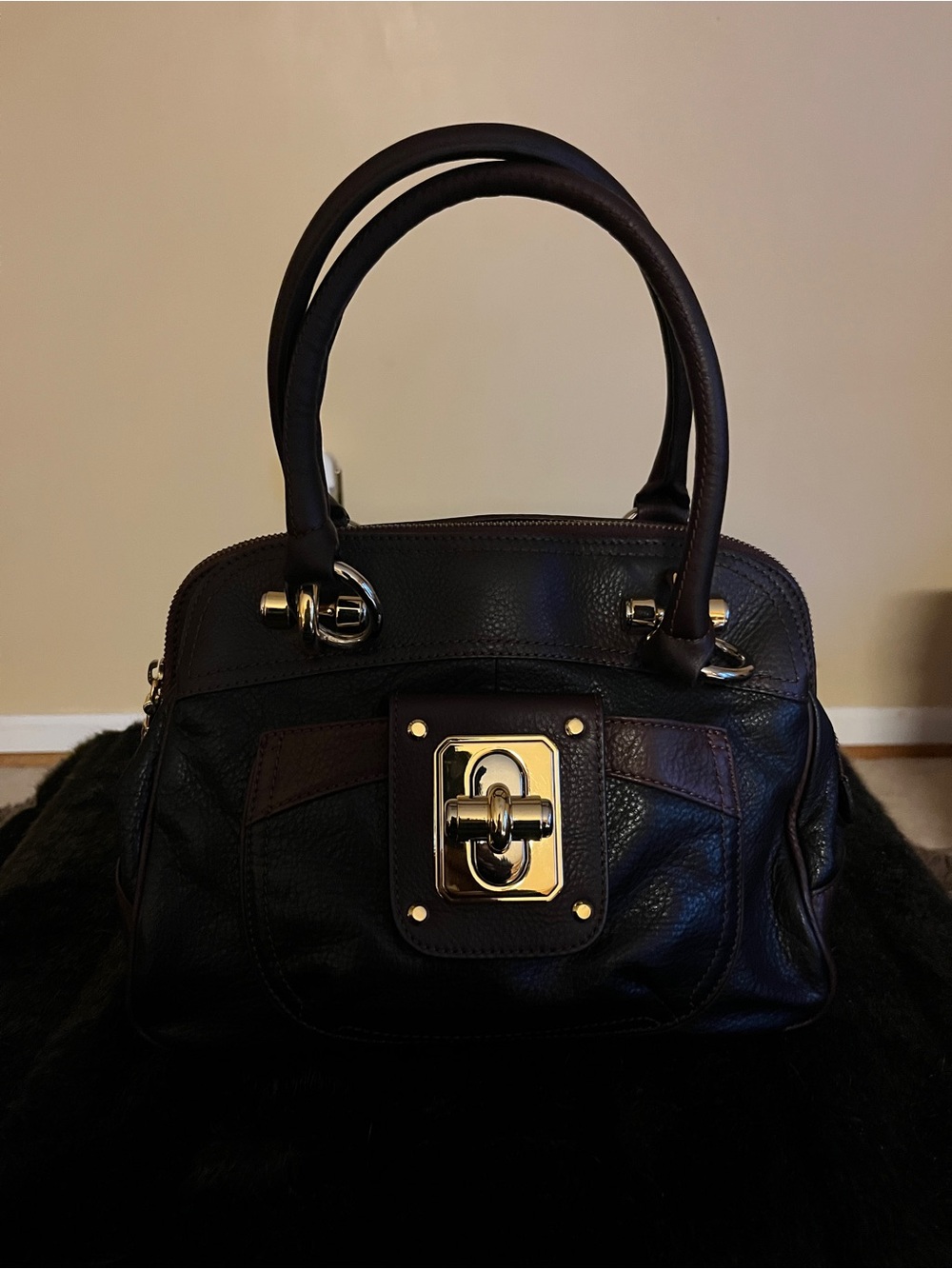 B makowsky Black Pebbled Leather Satchel with Gold Hardware - Picture 2 of 6